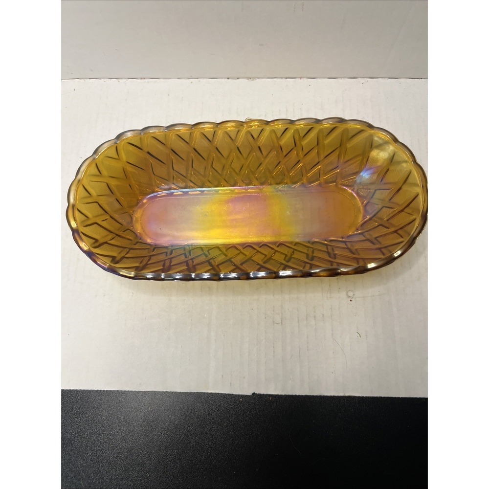 Vintage Amber Carnival Glass Basket Weave Relish Candy Trinket Dish
